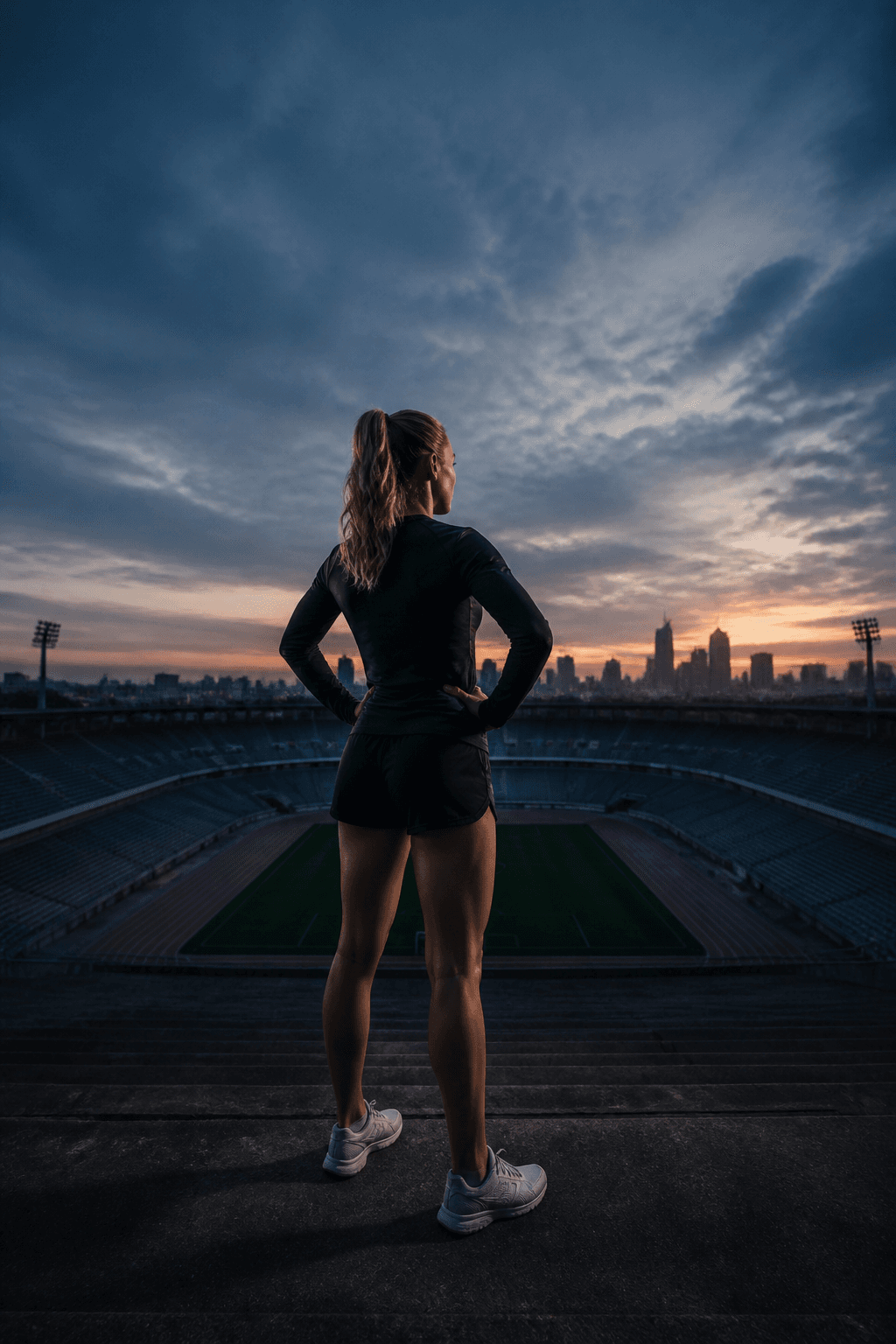 Athlete looking over a stadium at sunrise