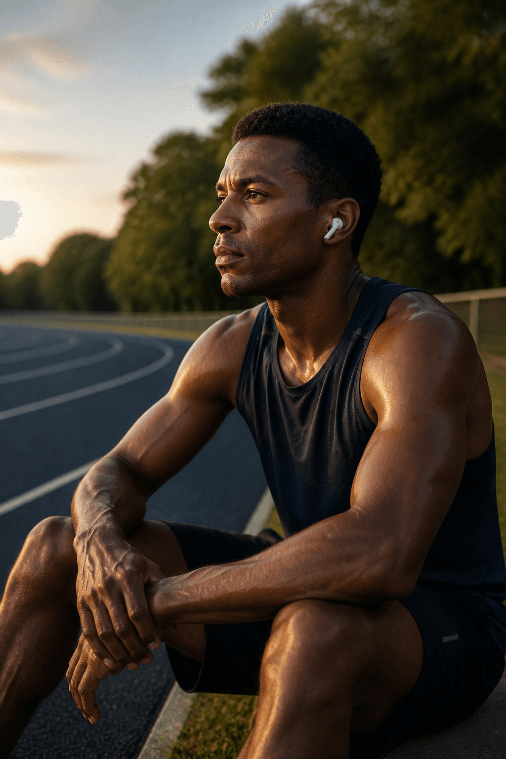 Athlete listening quietly with earbuds