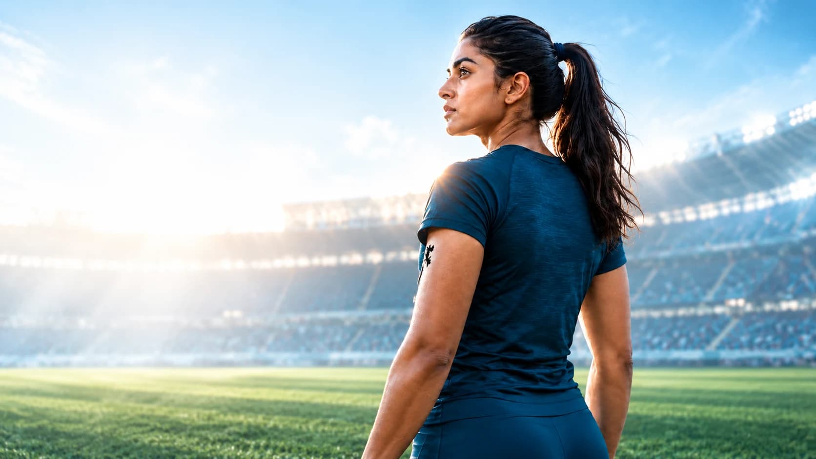 Focused athlete looking across the stadium before competition