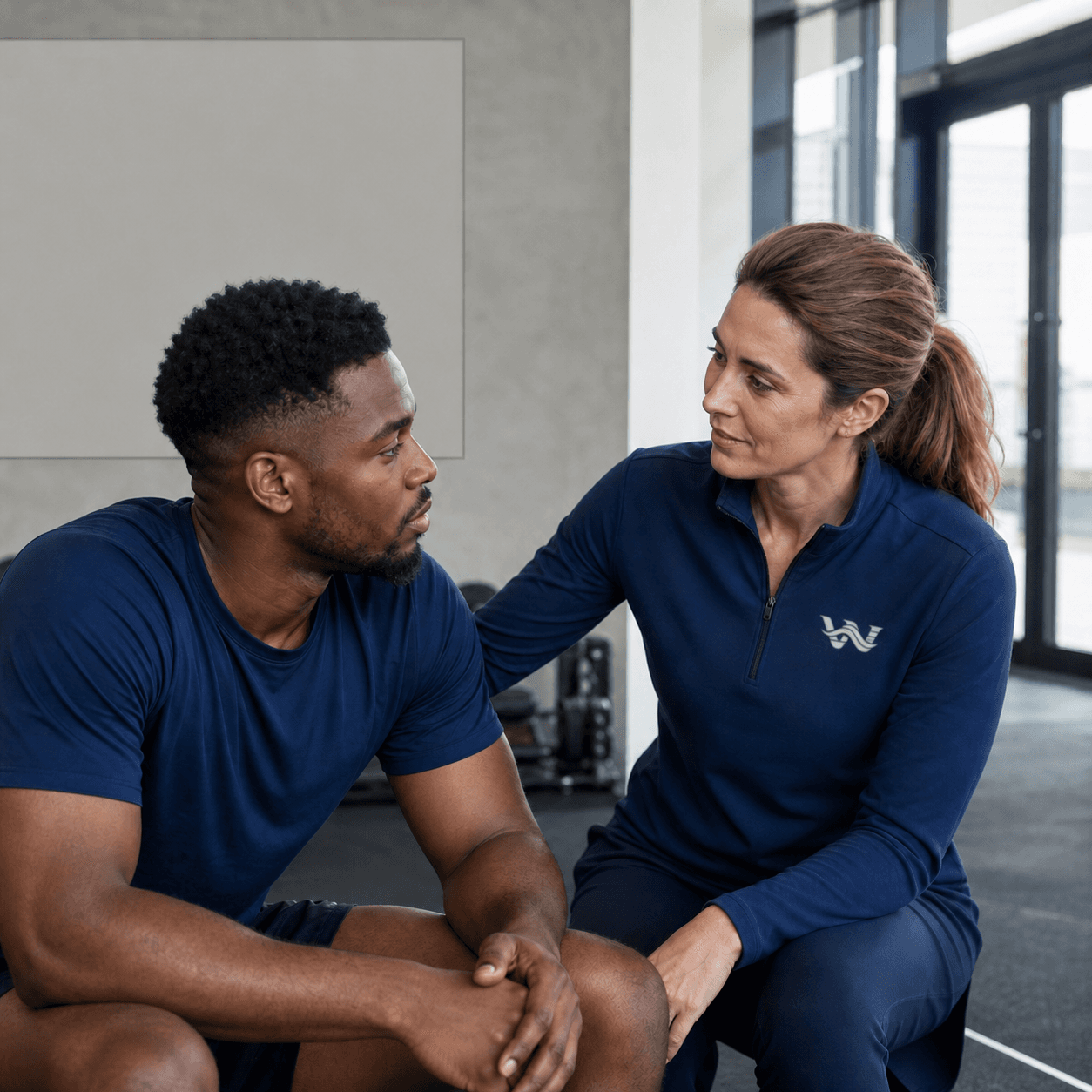 Coach supporting an athlete inside a Whisper Coach training facility